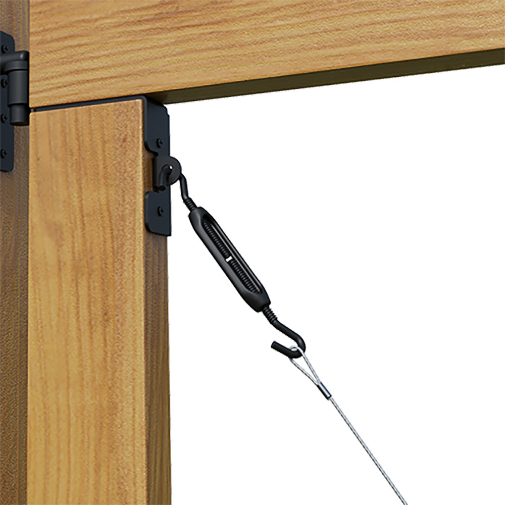 Close-up of the Adjust-A-Gate® Unlimited Frameless Gate Kit hardware, showcasing durable and adjustable components for easy installation.