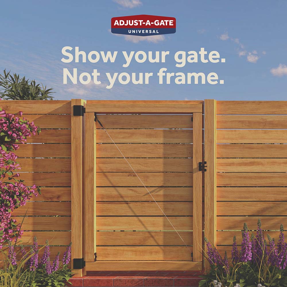 Wooden gate with Adjust-A-Gate logo and text on a blue sky background