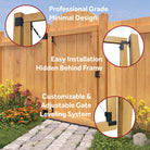 Graphic for the Adjust-A-Gate® Unlimited Frameless Gate Kit, highlighting a professional-grade minimal design and easy installation with a hidden frame.